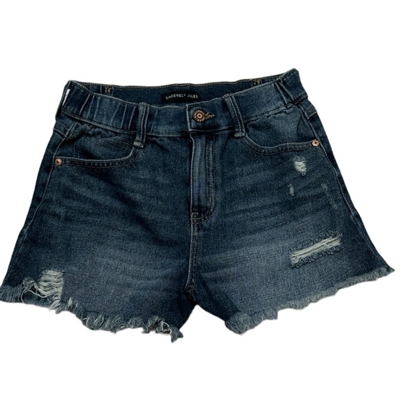 Sincerely Jules’s Distressed Denim Shorts Raw Hem Partial Elastic Waistband - Picture 1 of 5